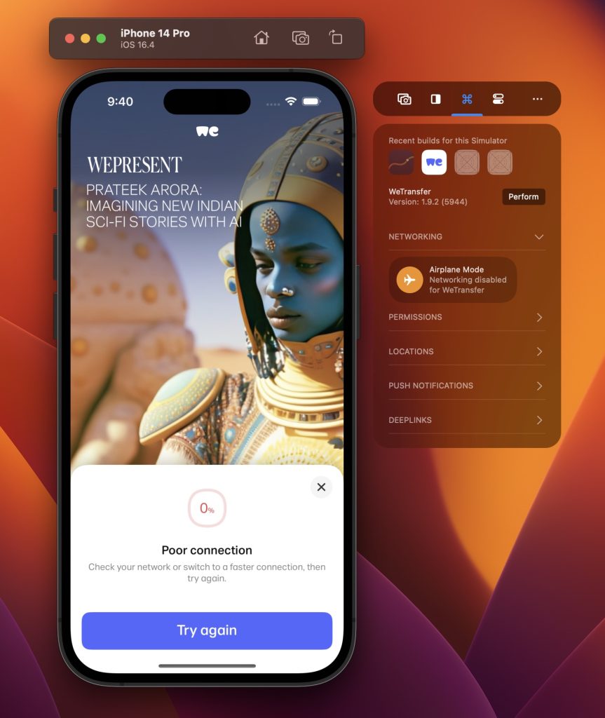 The WeTransfer app explains and notifies its users about missing Network Connectivity.