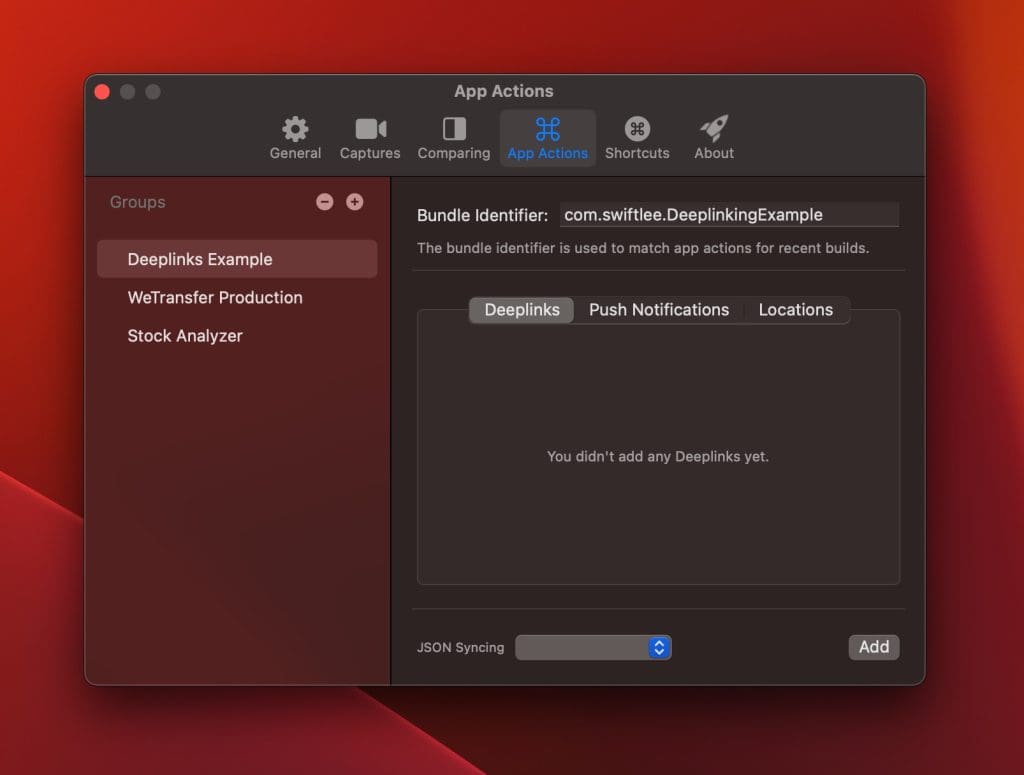 Add a new Deeplink group inside RocketSim and configure your bundle identifier.