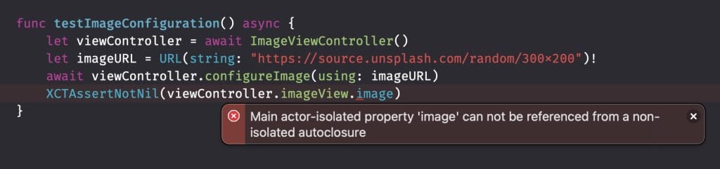 Asserting Main actor-isolated properties isn’t possible from a non-isolated autoclosure.