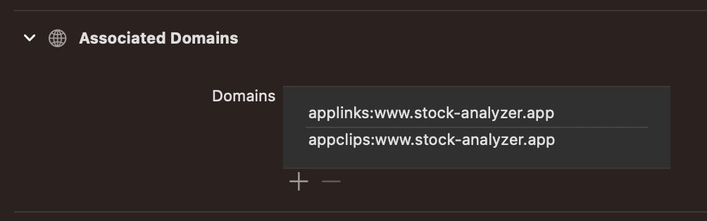 An example of a Universal Links configuration for Stock Analyzer.