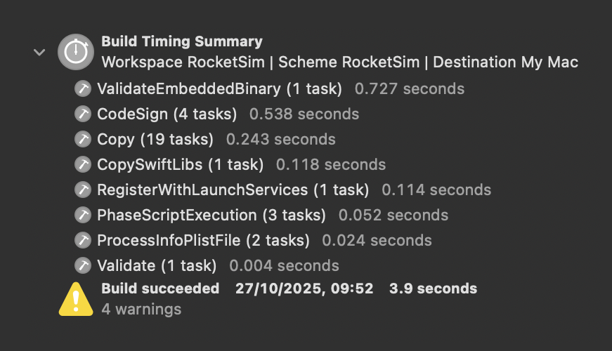 The timing summary for an incremental build shows a much shorter list.