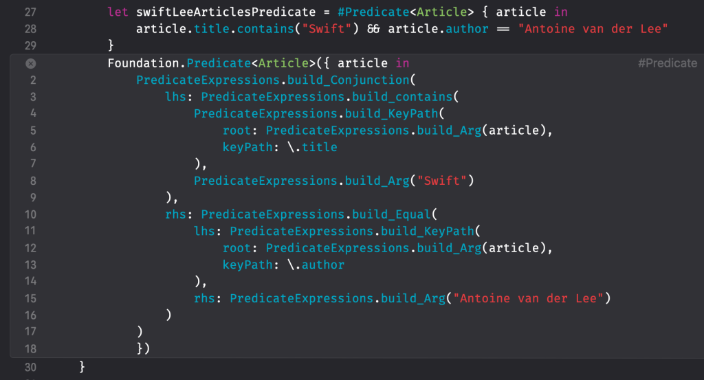 The Predicate macro, as expanded inside Xcode, shows the underlying implementation.