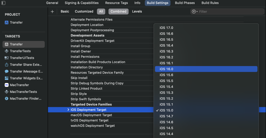 Changing the minimum iOS version within Xcode using the deployment target build setting.