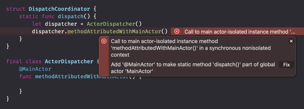 The compiler will prevent dispatching to an actor's thread from a non-async context.