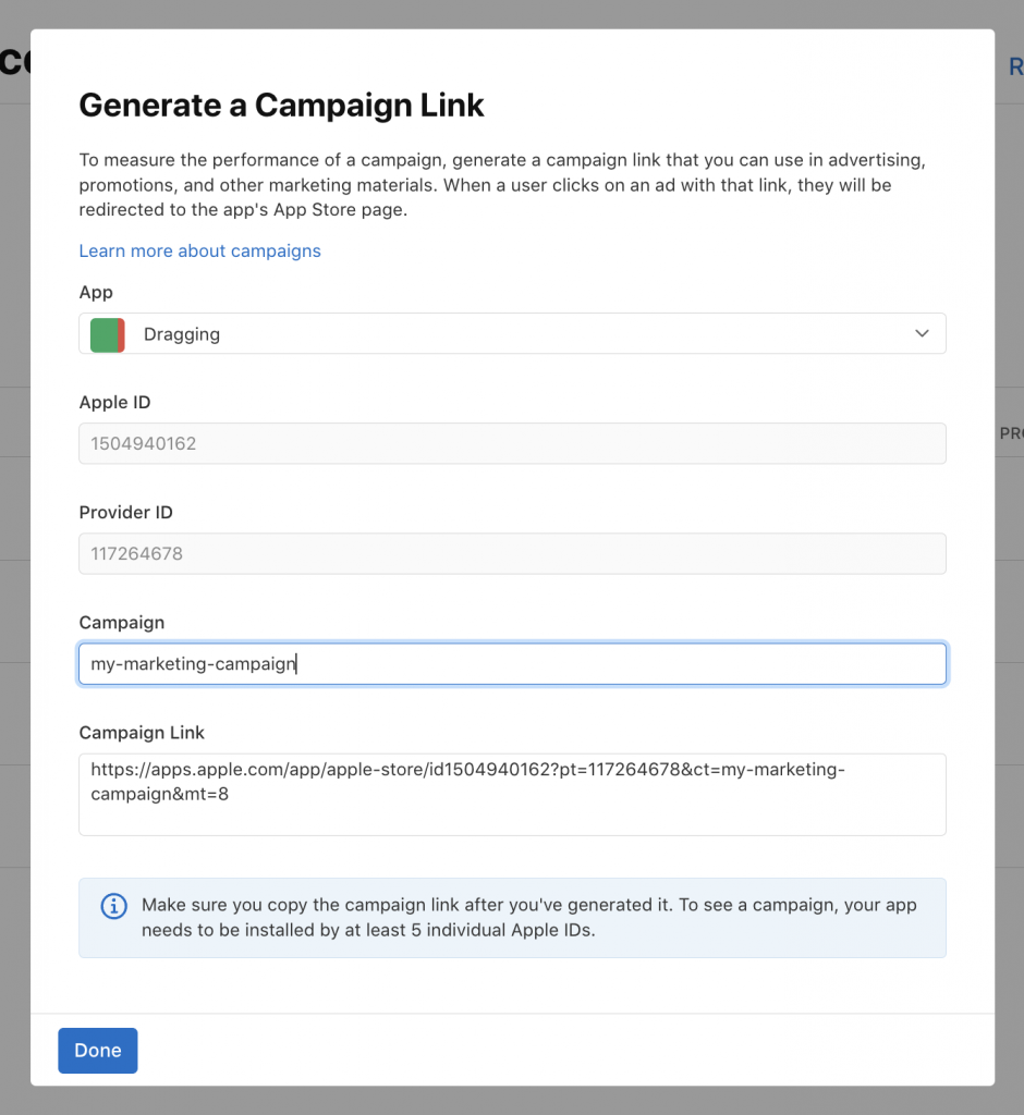 App Store Connect allows you to generate campaign links.
