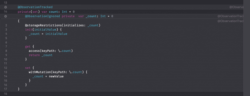 The expanded implementation of the @ObservationTracked Macro.