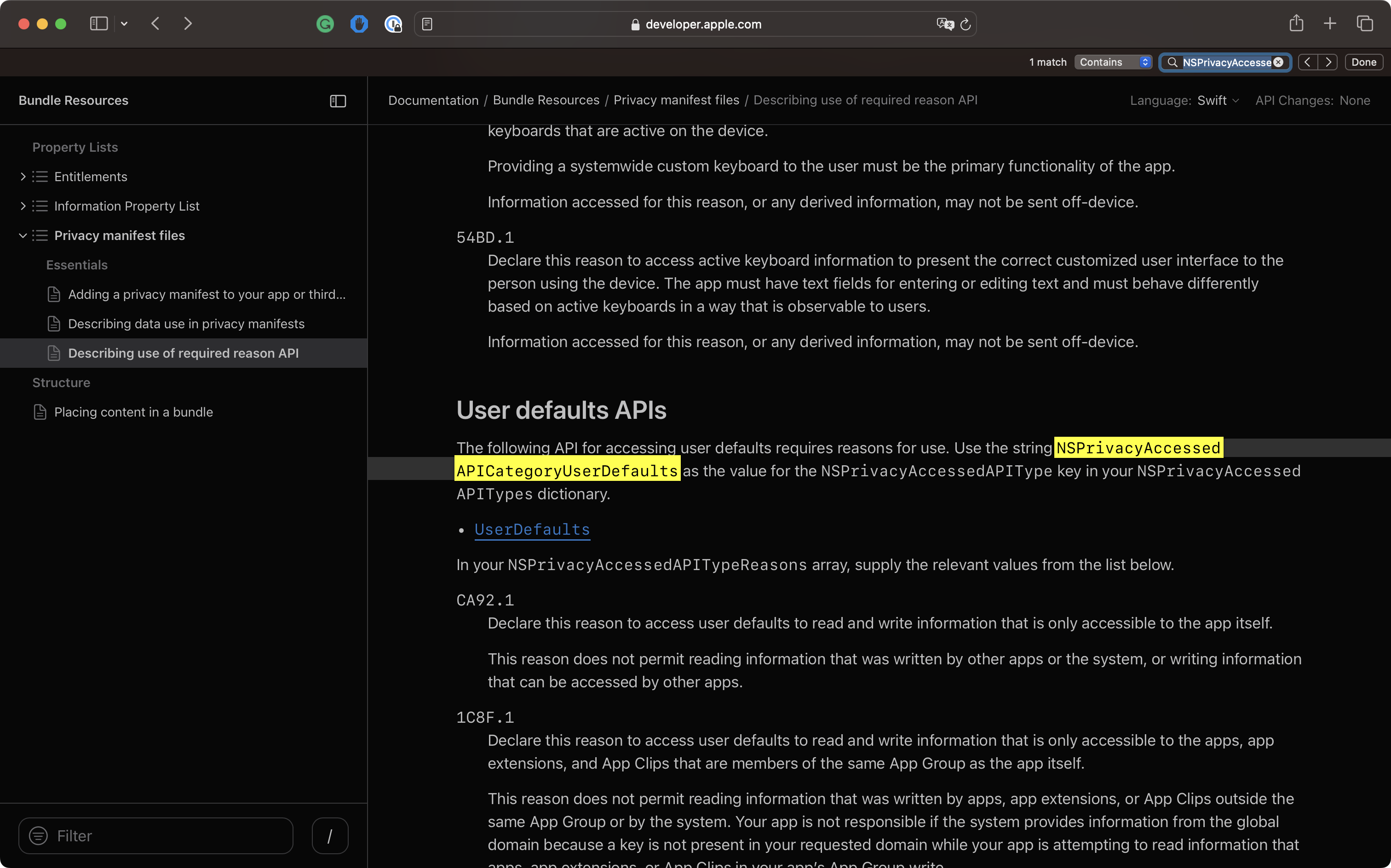 Search for the given category (e.g. NSPrivacyAccessedAPICategoryUserDefaults) inside Apple's documentation.