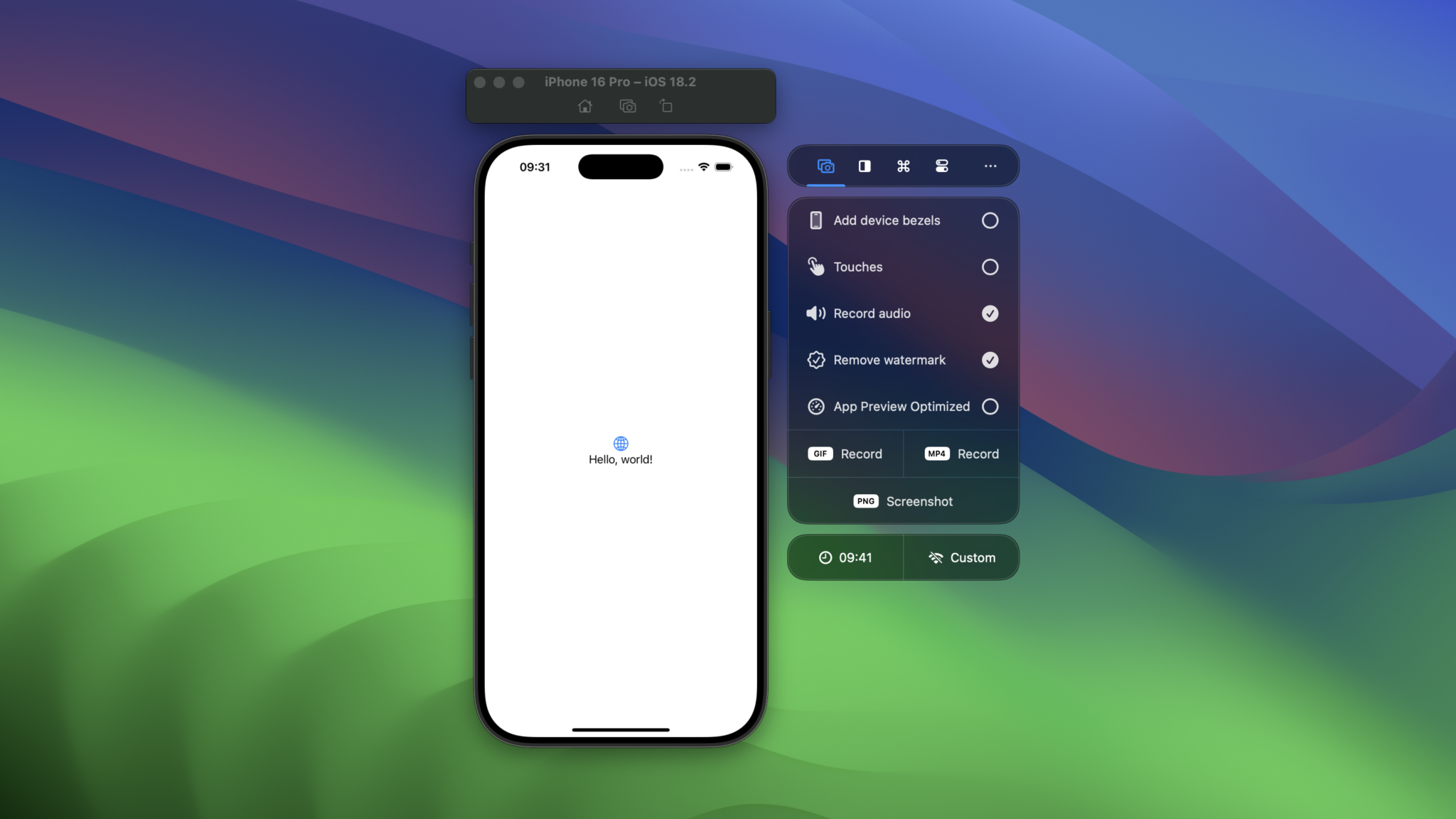 The Hello World application runs on the iOS Simulator with RocketSim on the side.