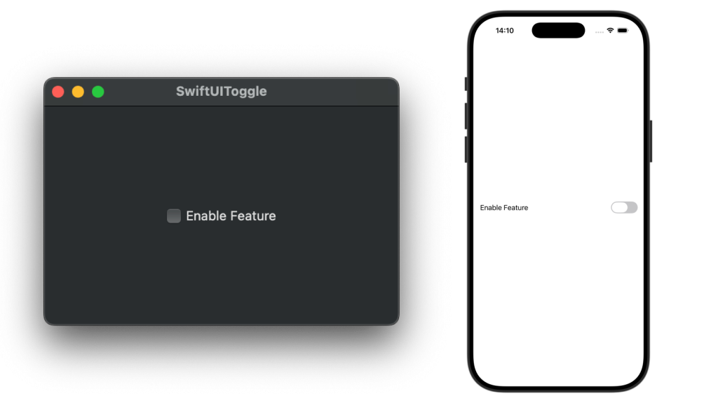 A SwiftUI Toggle example demonstrated on both macOS and iOS.