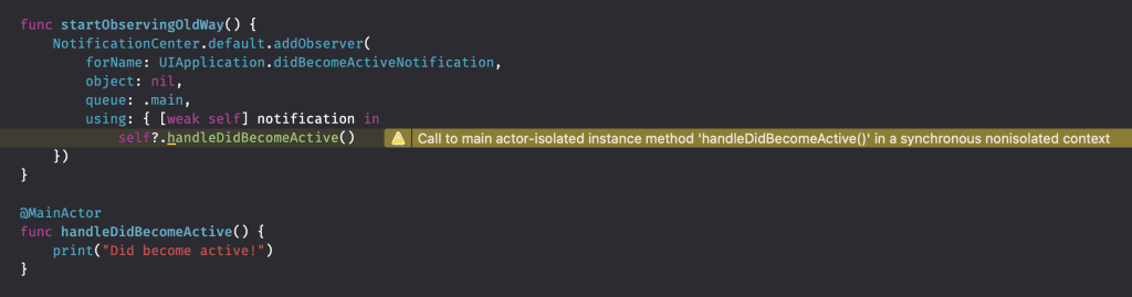 A Concurrency warning appears, even though observing notifications on the main queue.
