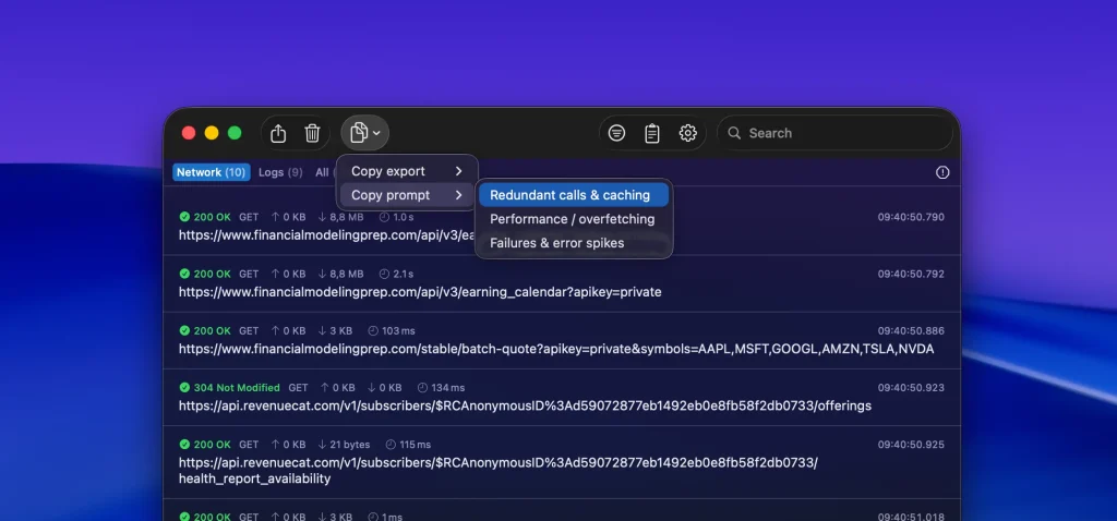 RocketSim allows you to export Network Requests for optimization prompts.