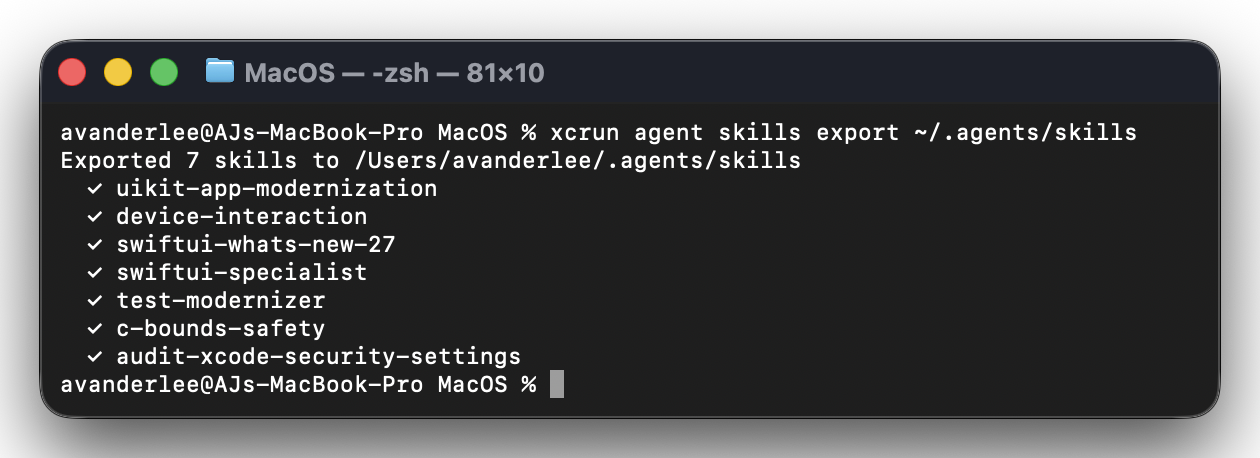 The Xcode Agent Skills are exported to the global agents directory.