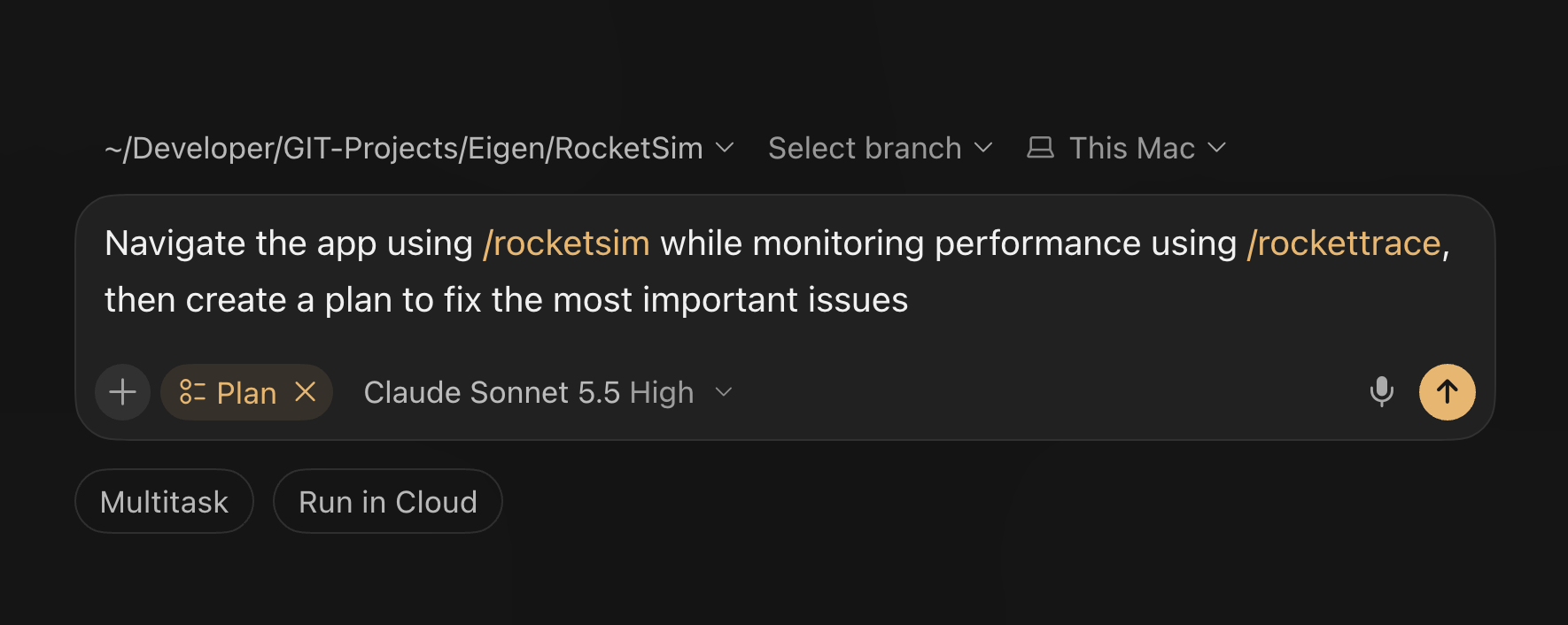 SwiftLee’s prompt for navigating an iOS app with RocketSim while recording and analyzing its performance with RocketTrace